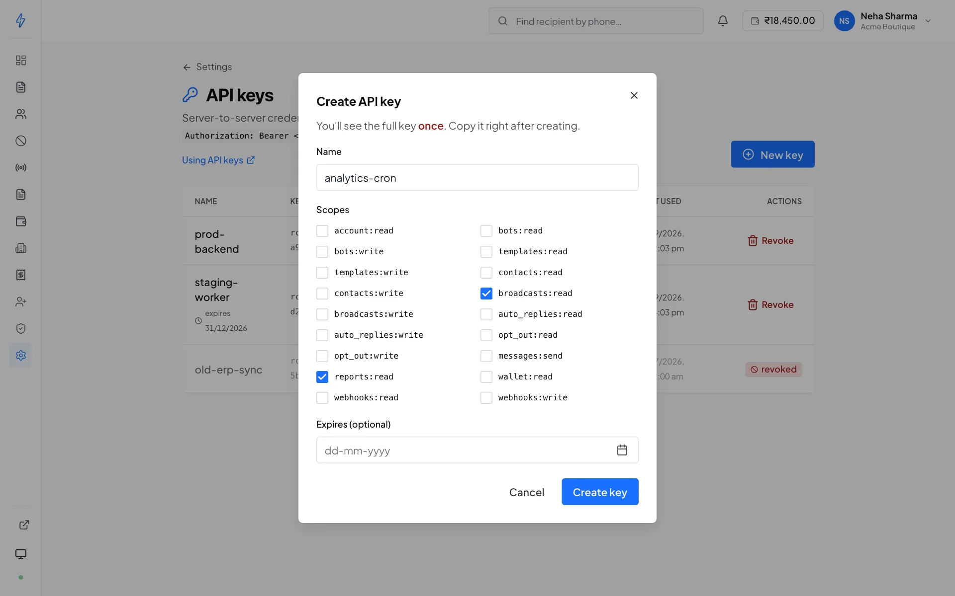 The Create API key dialog over the API keys page, with the name analytics-cron, a grid of scopes with only broadcasts:read and reports:read ticked, an empty Expires (optional) date field, and the Cancel and Create key buttons