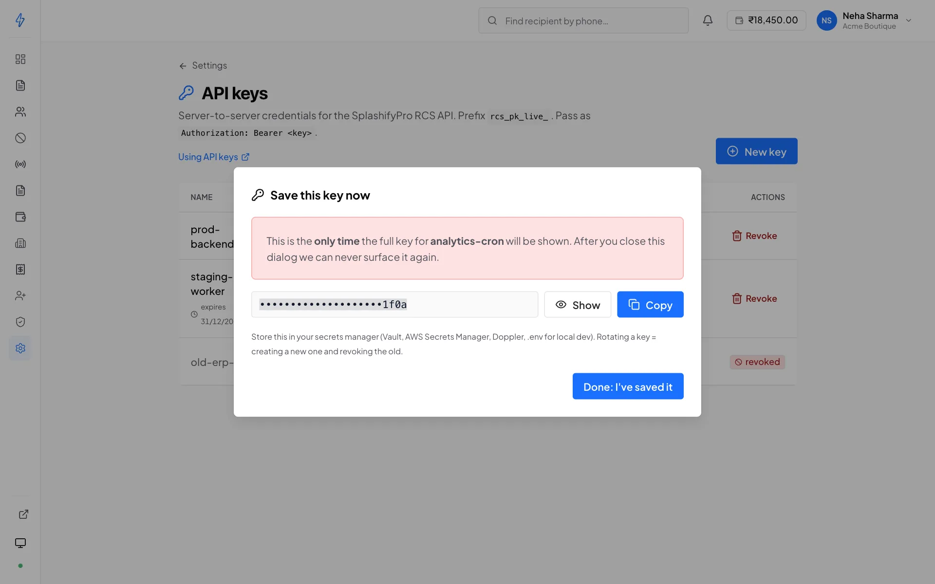 The Save this key now dialog for the key analytics-cron, with a red note that this is the only time the full key will be shown, the key hidden except its last four characters 1f0a, the Show and Copy buttons, and the Done: I've saved it button