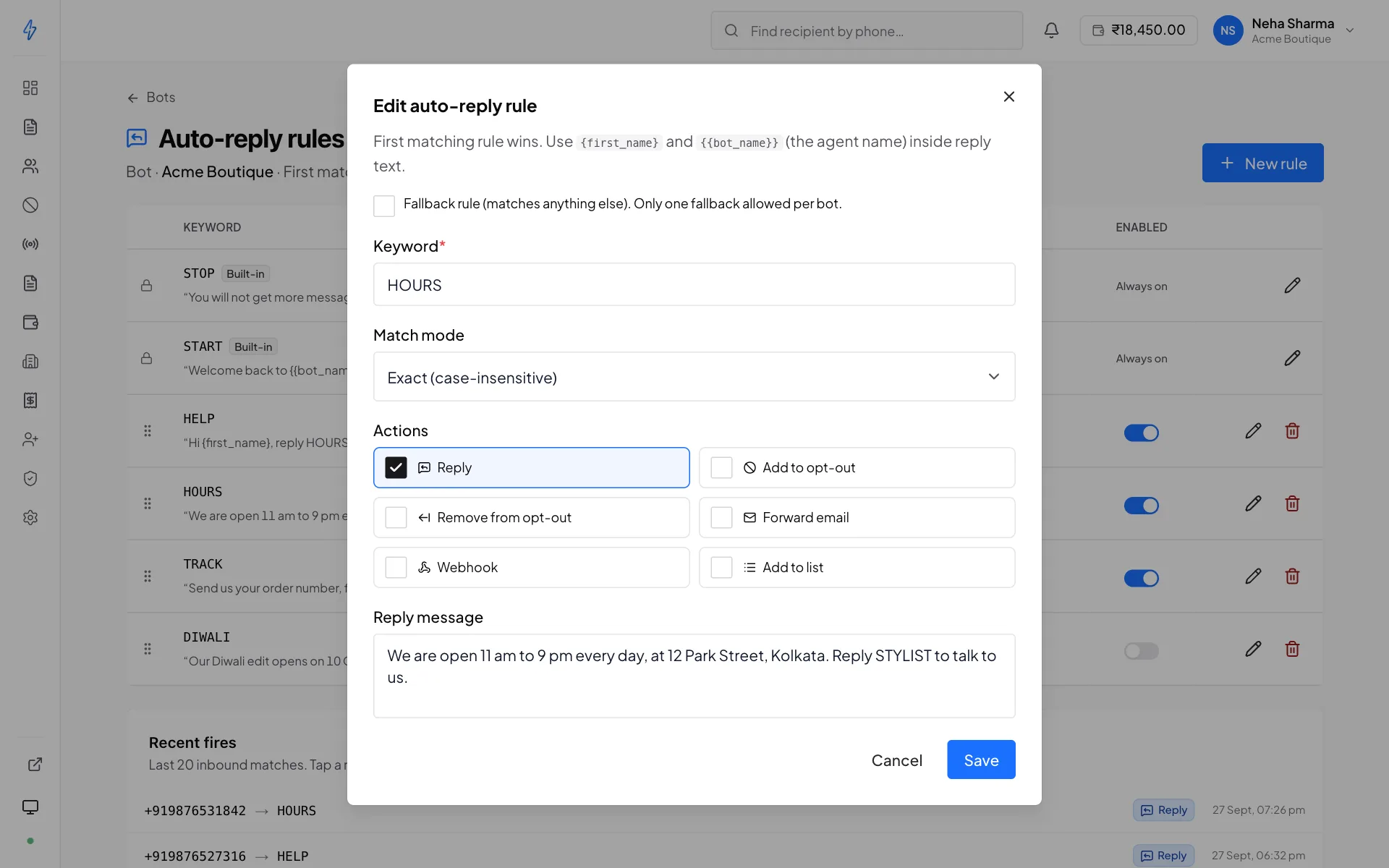 The auto-reply rule dialog with the keyword HOURS and a reply giving the store's opening hours and address