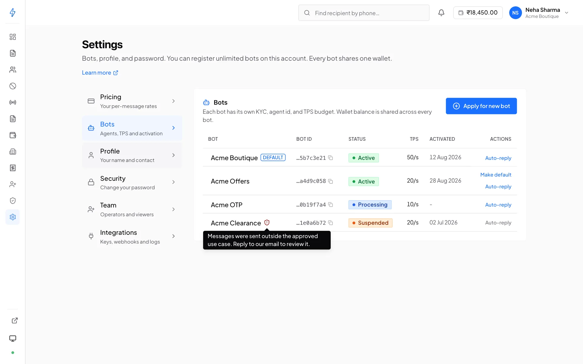 Settings, Bots, listing four bots with their status (Active, Processing, Suspended), send rate and activation date, with the suspension reason shown for Acme Clearance