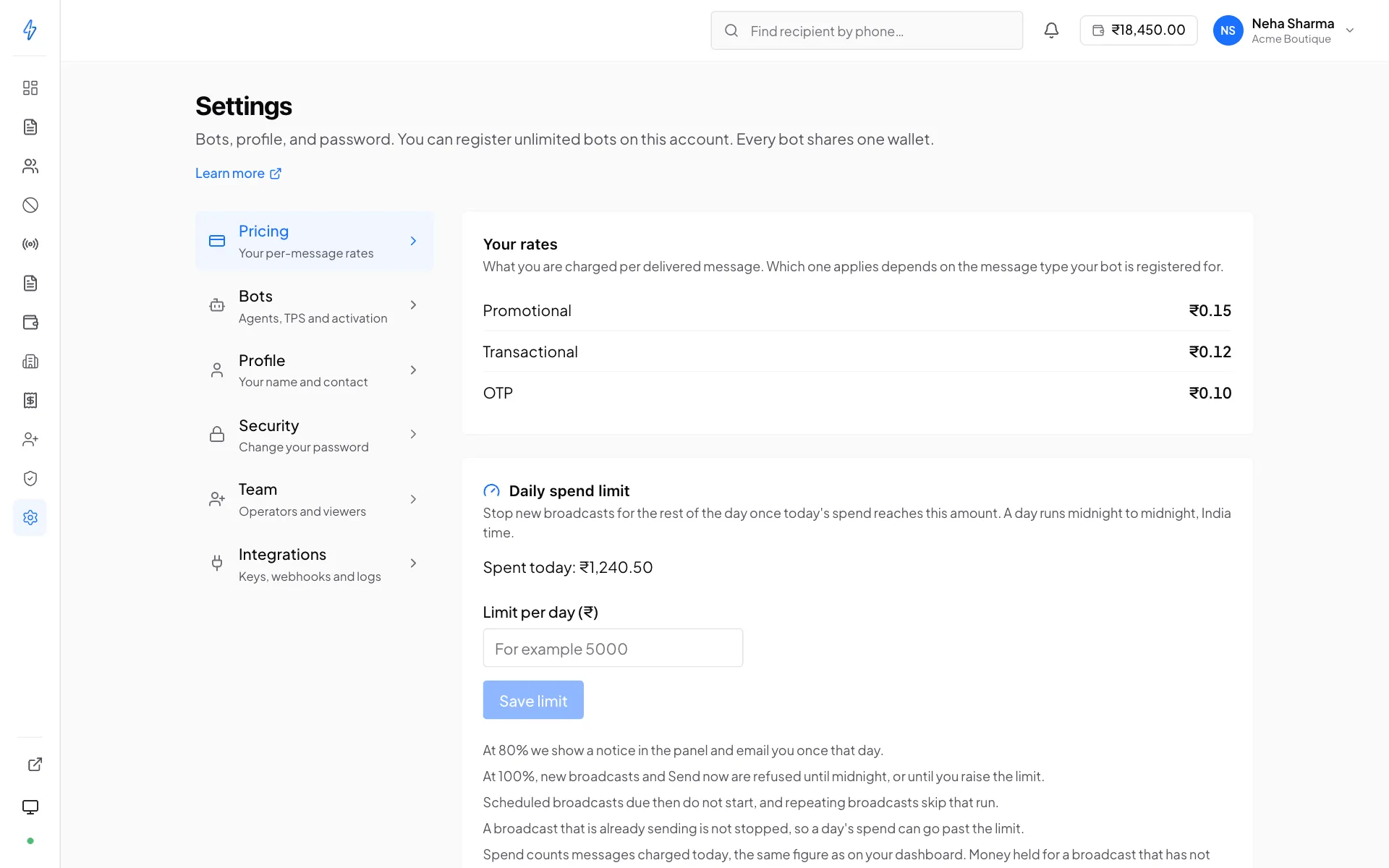 Settings, Pricing, showing the price per message for promotional, transactional and OTP messages, and the Daily spend limit card below