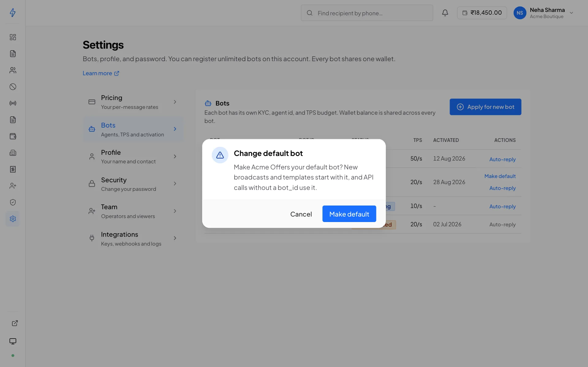 Settings, Bots, with the Change default bot dialog open: Make Acme Offers your default bot? New broadcasts and templates start with it, and API calls without a bot_id use it. It has Cancel and Make default buttons, and the Make default link shows on the Acme Offers row behind it