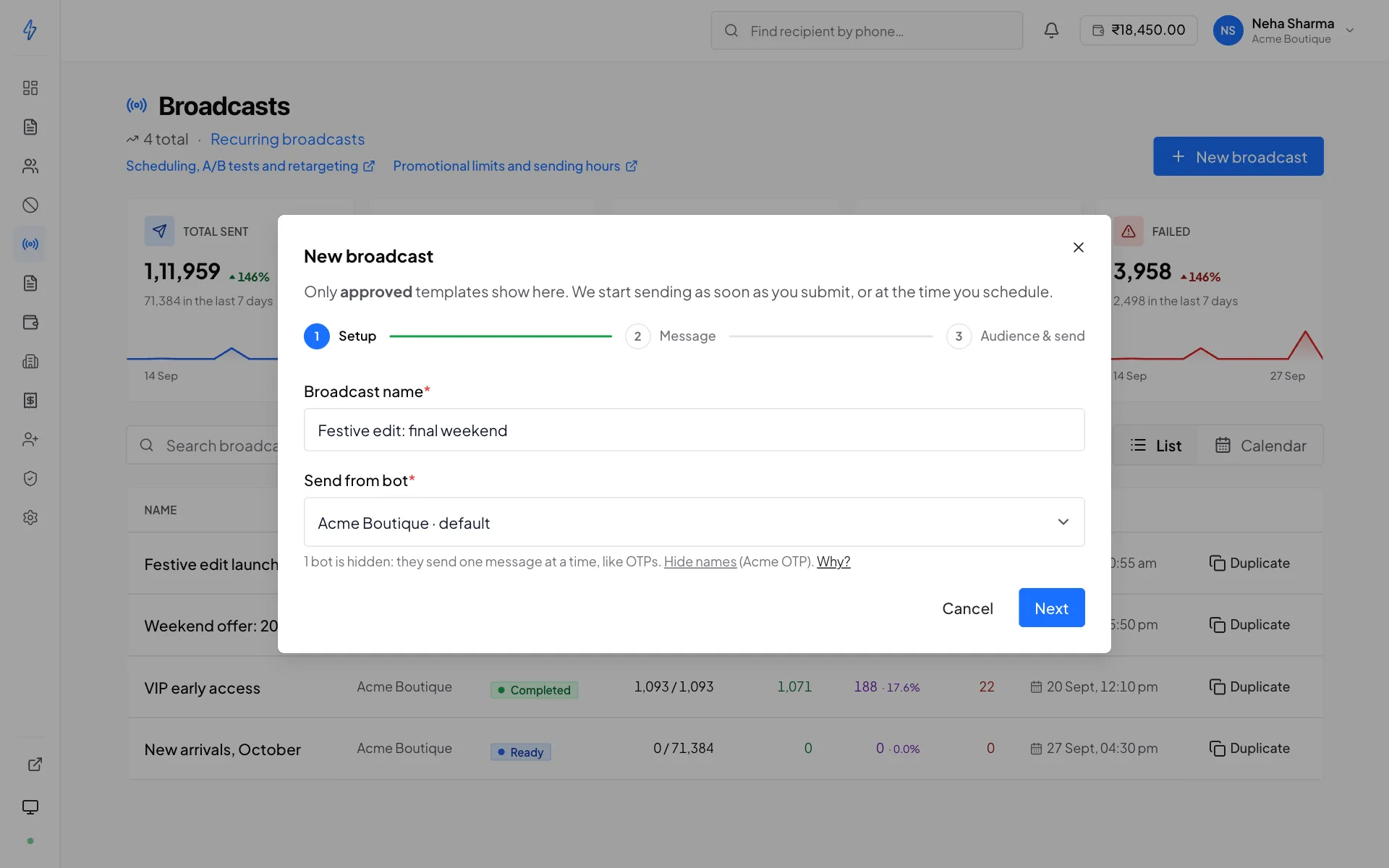 The New broadcast dialog with the Send from bot picker, and the line 1 bot is hidden: they send one message at a time, like OTPs, with the bot name and a Why? link shown