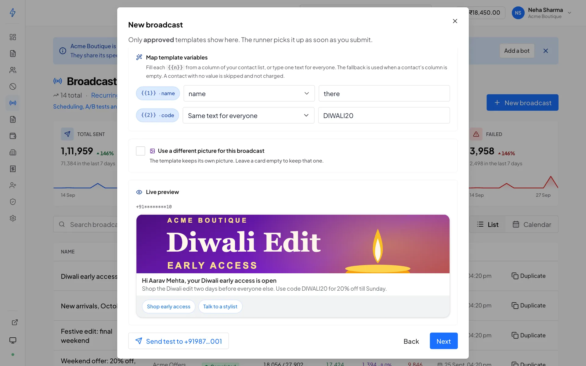 The New broadcast composer on the Message step, mapping the first variable to the name column with the fallback there and the second to the text DIWALI20, with a preview filled in for one contact