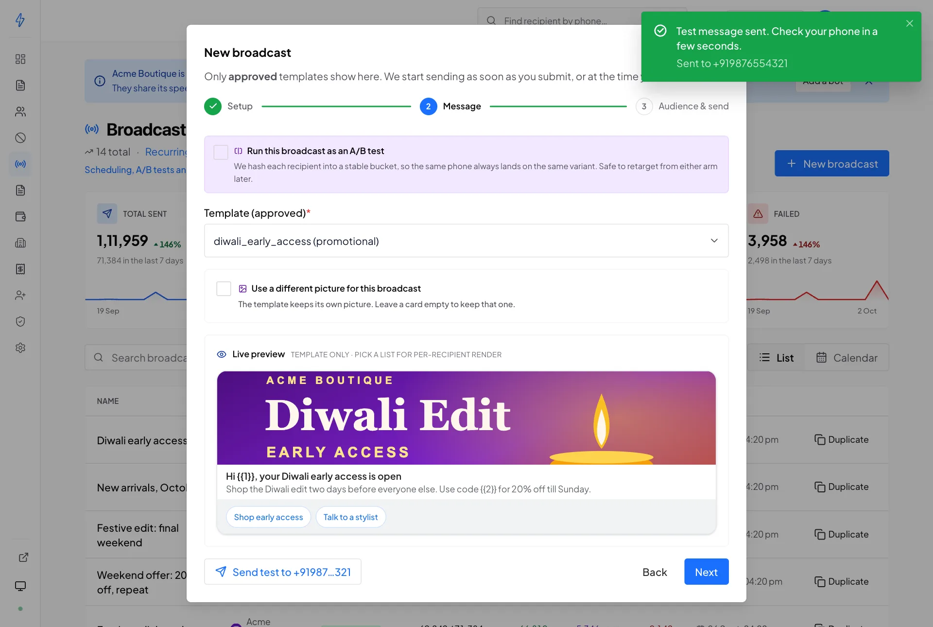 The New broadcast composer on step 2, Message, with the step bar Setup, Message and Audience & send at the top, the template diwali_early_access picked and a live preview of its Diwali Edit card, the Send test to +91987…321 button at the bottom left, and a green note at the top right reading Test message sent. Check your phone in a few seconds. Sent to +919876554321