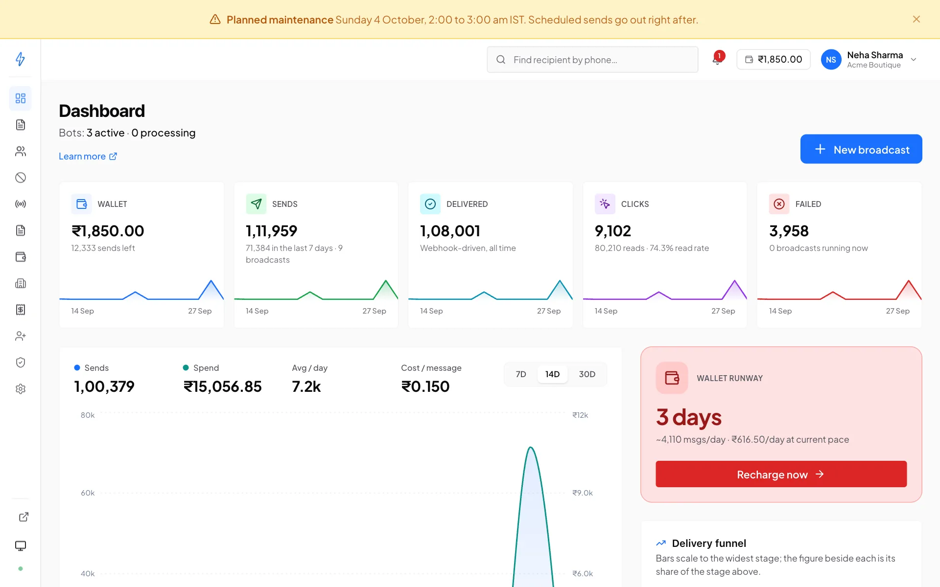 The top of the Dashboard with a Planned maintenance notice across the page, and the Wallet runway card in red warning that the balance lasts about 3 days