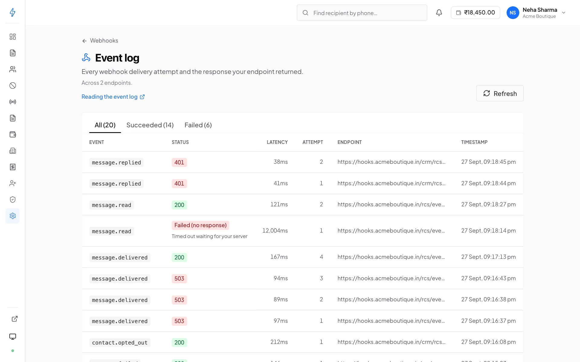 The Event log page with the tabs All (20), Succeeded (14) and Failed (6) over one table of attempts across two endpoints, each row with the event, the status (200, 401, 503 or Failed (no response)), the time taken, the attempt number, the endpoint and the time