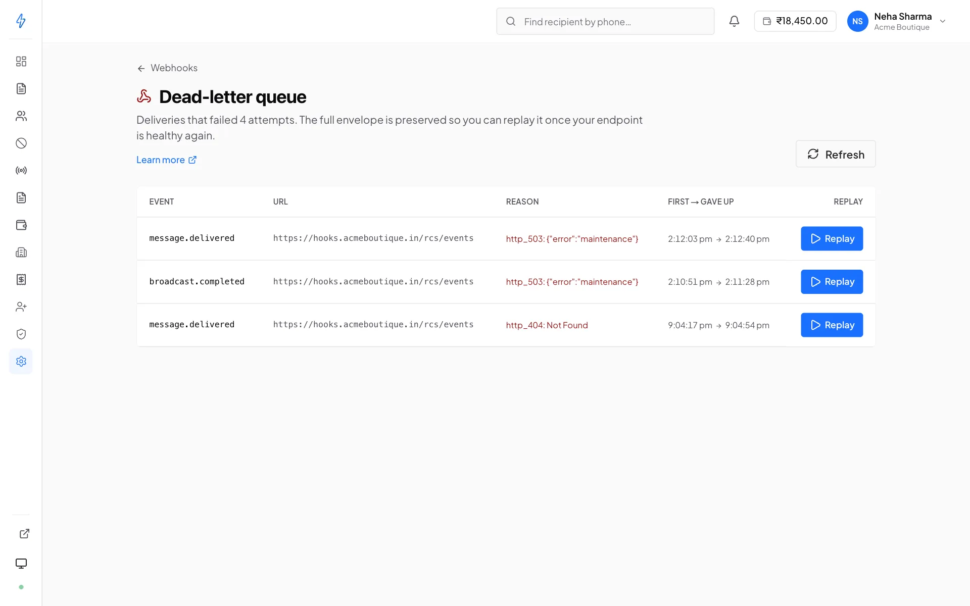 The Dead-letter queue page with three deliveries that failed every attempt, each with its event, the endpoint URL, the reason (http_503 or http_404), when it was first tried and given up on, and a Replay button