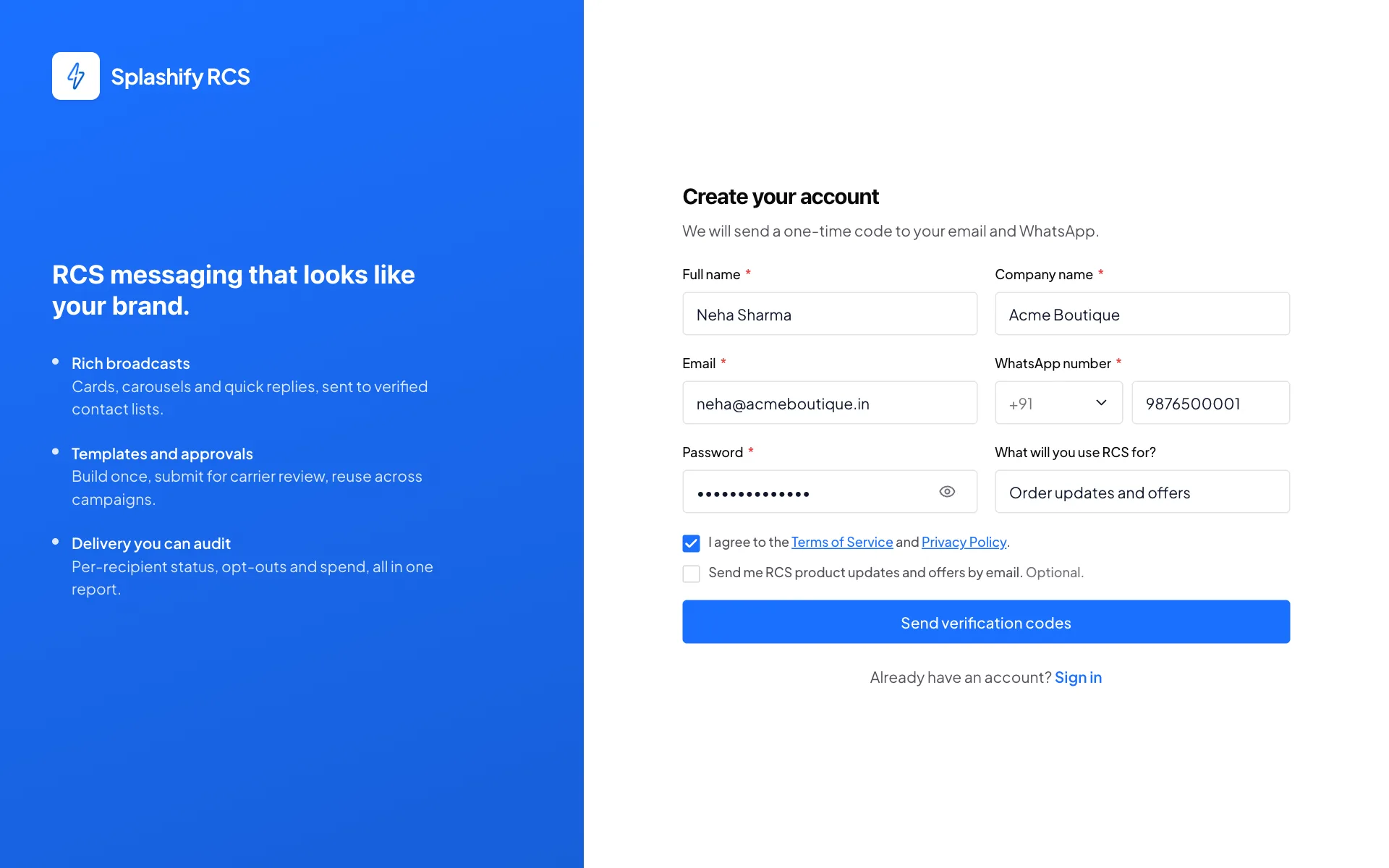 The Create your account form with the name Neha Sharma, the company Acme Boutique, the email, a WhatsApp number, a password and the use case filled in, and the terms box ticked