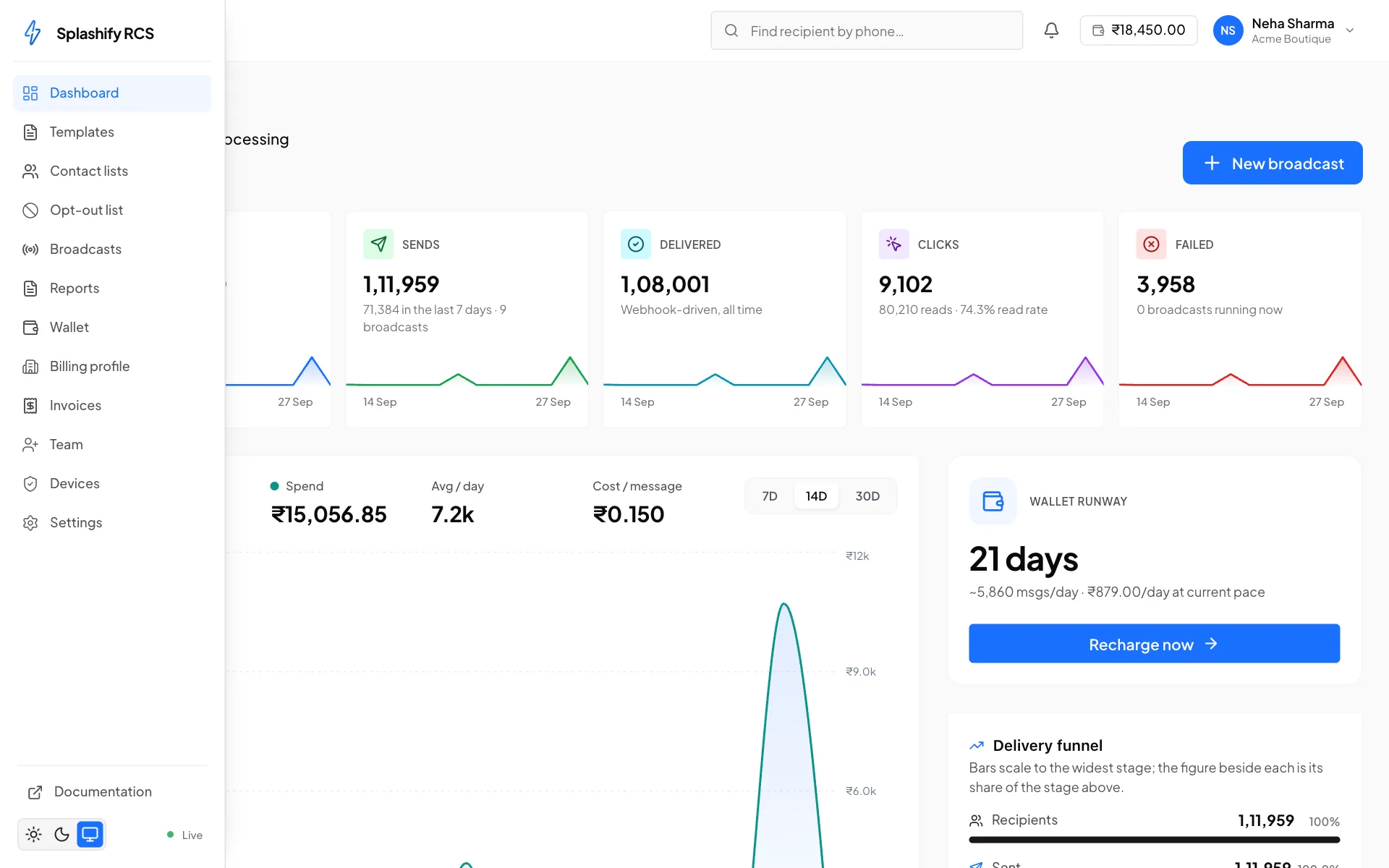 The panel with the left menu expanded, listing Dashboard, Templates, Contact lists, Opt-out list, Broadcasts, Reports, Wallet, Billing profile, Invoices, Team, Devices and Settings, with Documentation, the theme switch and a green Live dot at the bottom