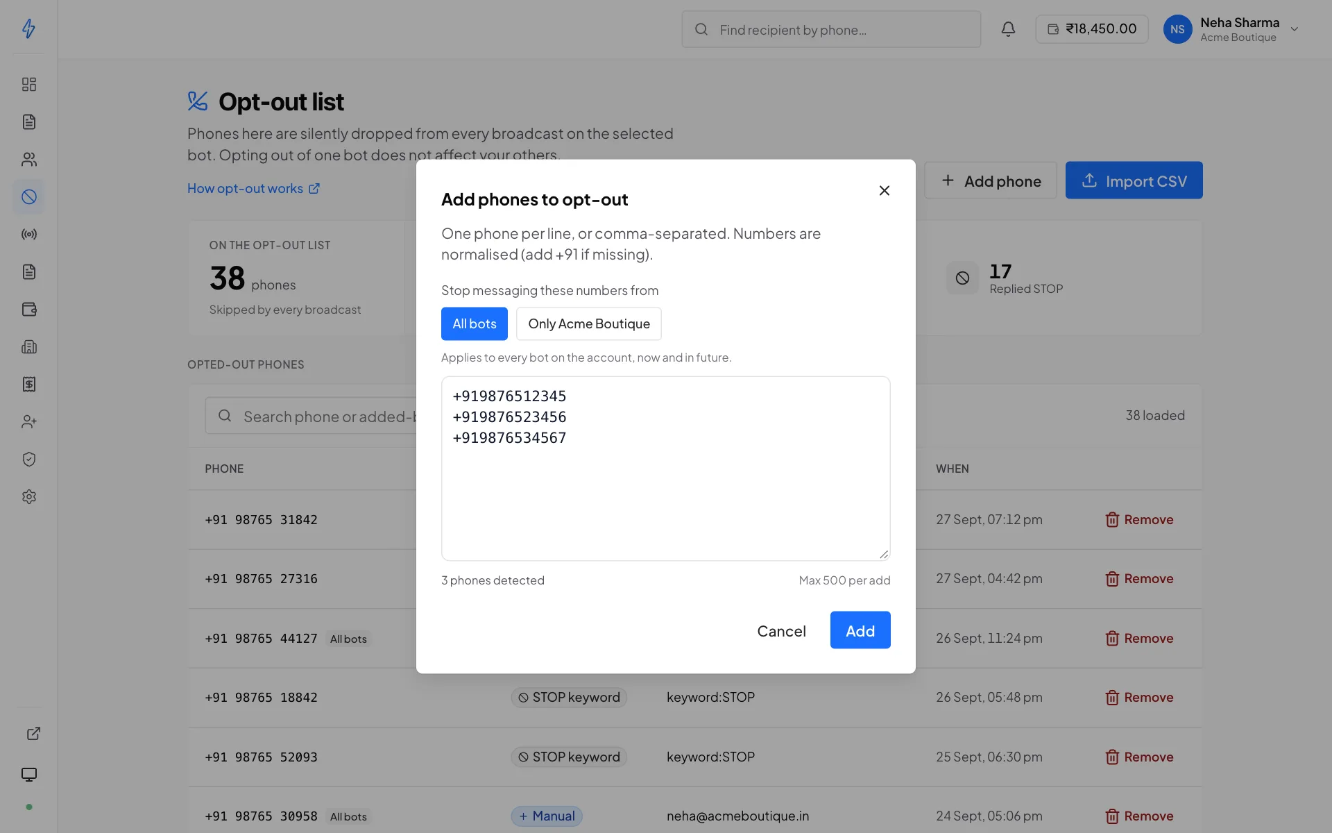 The Add phones to opt-out dialog with three phone numbers entered, one per line