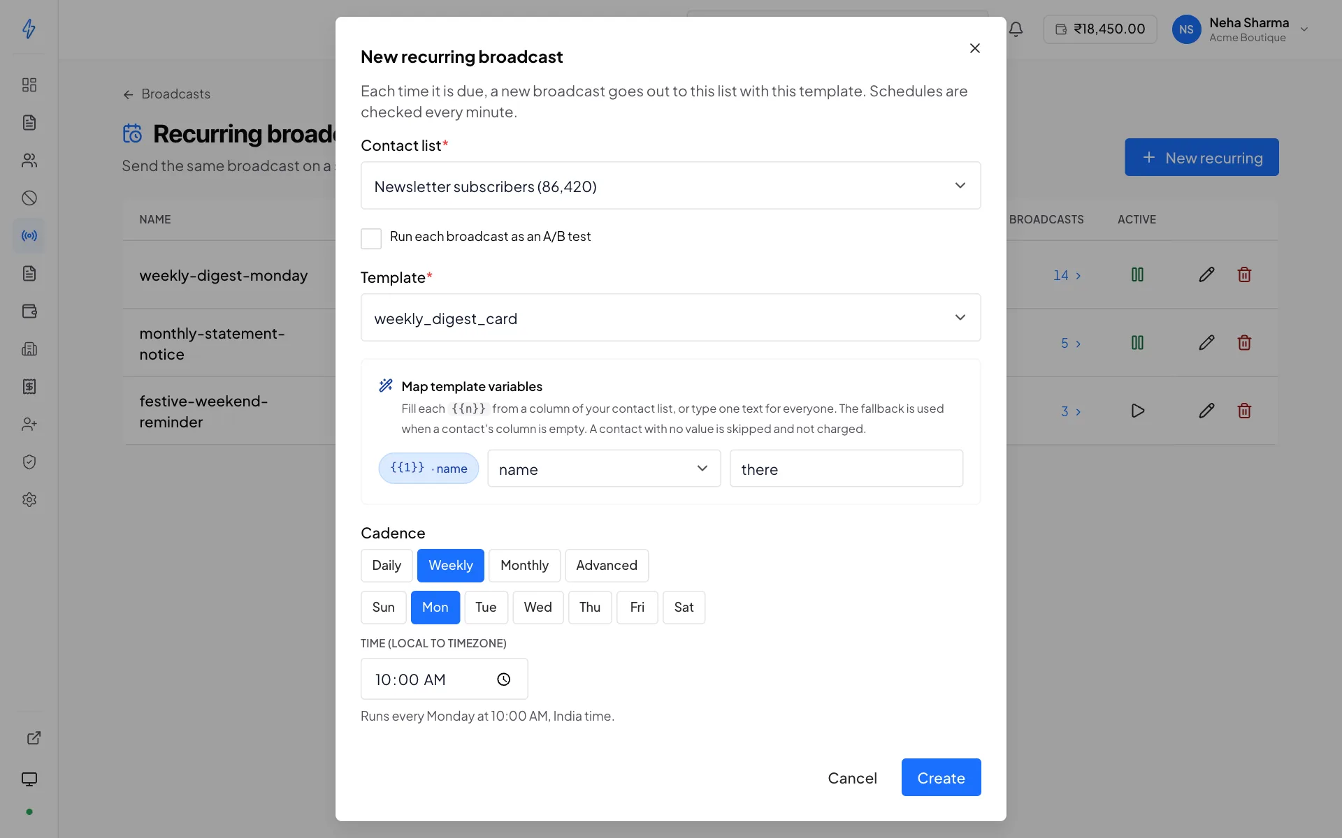The New recurring broadcast dialog with the list Newsletter subscribers, the template weekly_digest_card, its variable mapped to the name column with the fallback there, and a weekly cadence on Monday at 10:00 am