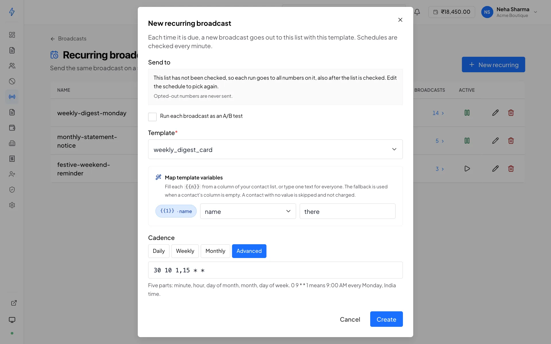 The New recurring broadcast dialog with the template weekly_digest_card, its variable mapped to the name column with the fallback there, and the Cadence set to Advanced with the schedule 30 10 1,15 * * typed in, above the line that explains the five parts