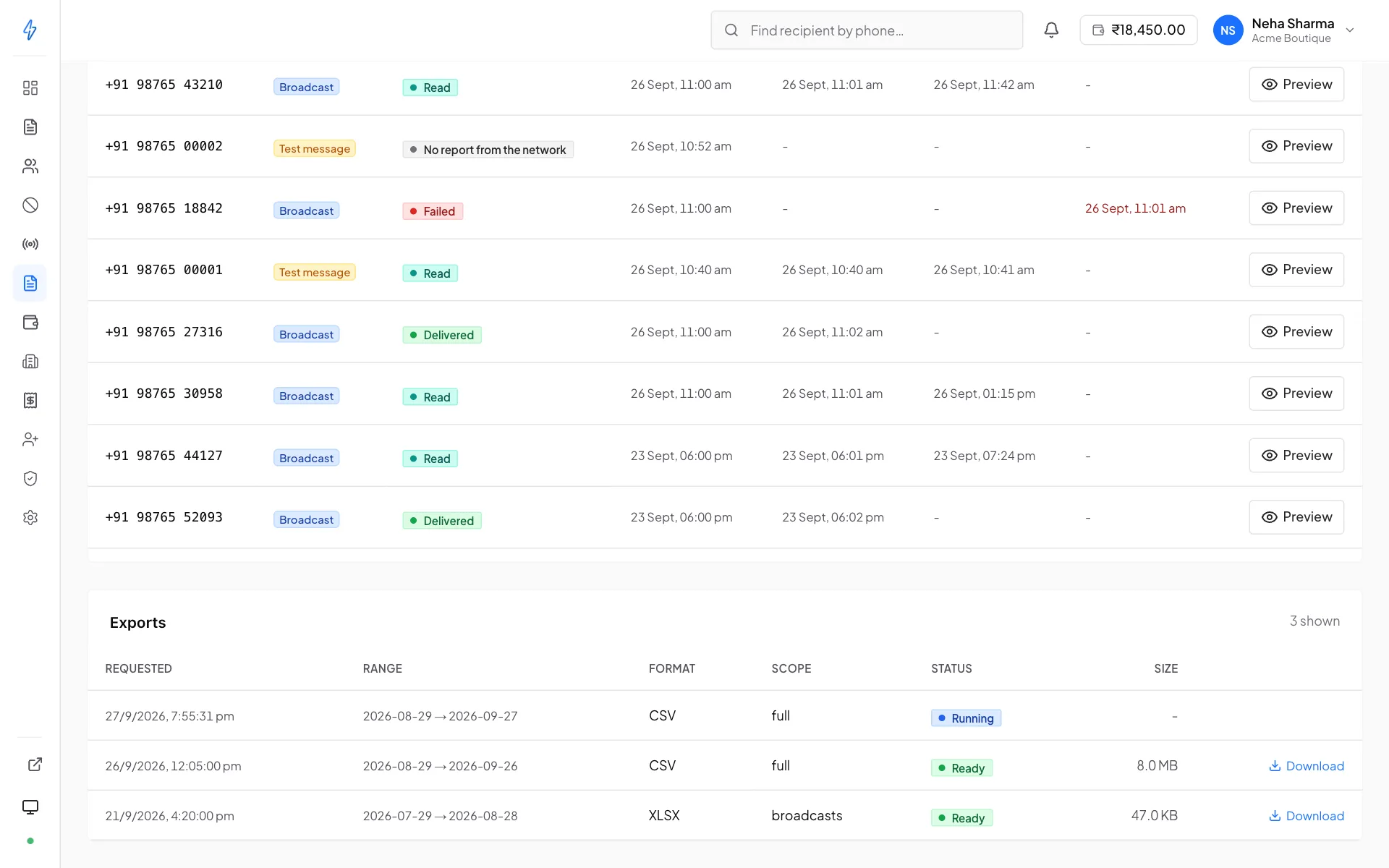 The Exports list on the Reports page with two ready files showing their date range, format, size and a Download link, and one export still running