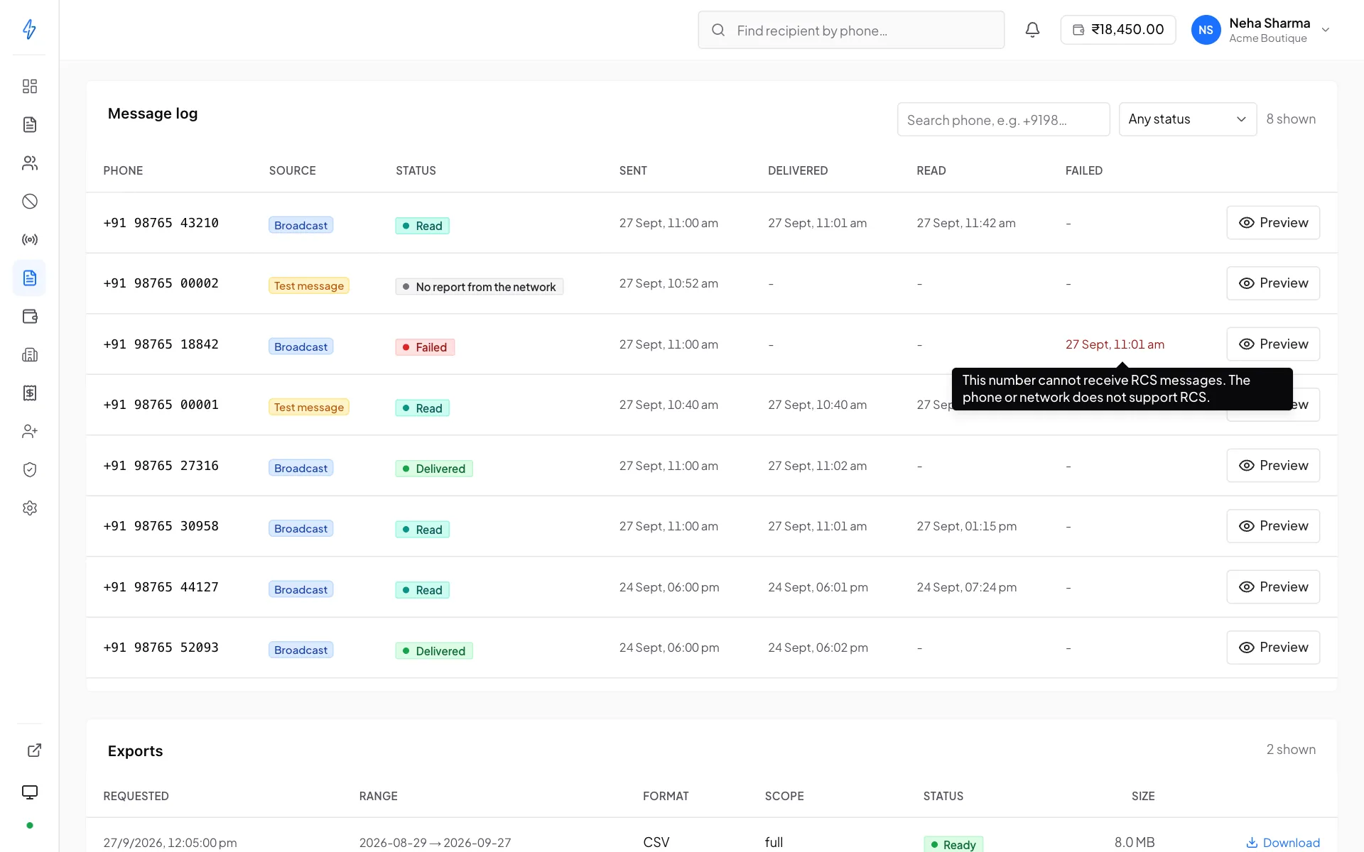 The Message log on the Reports page, with a broadcast row, a test message row marked No report from the network, and a failed row showing its reason