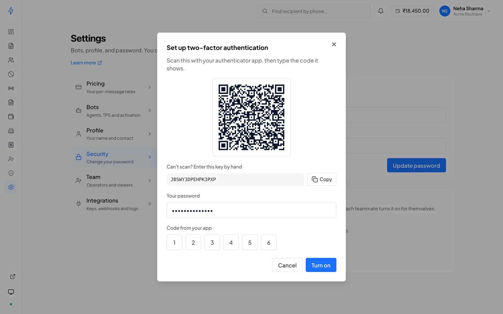The Set up two-factor authentication dialog with a QR code, the secret in text form, and fields for your password and a code from the app