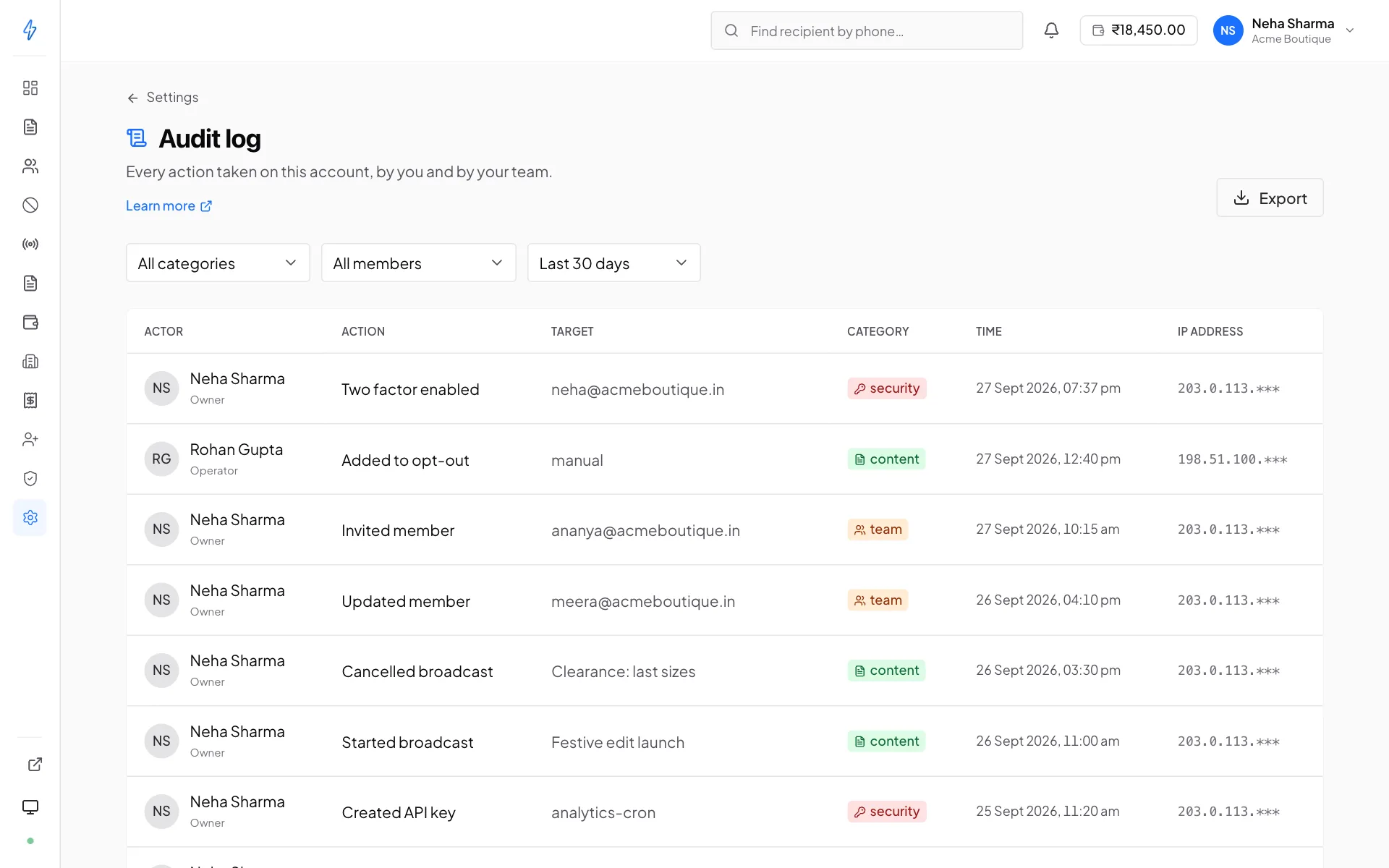 The Audit log listing recent actions by two team members, such as turning on two-factor, adding an opt-out, inviting a member, cancelling and starting broadcasts and creating an API key, with filters for category, member and time