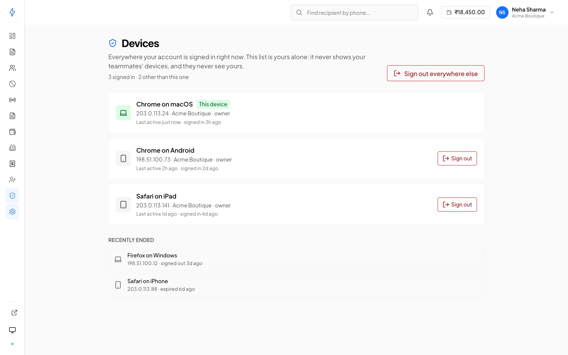 The Devices page listing three signed-in devices with their IP address and when each was last active, a Sign out button on the two that are not this one, and two recently ended sessions