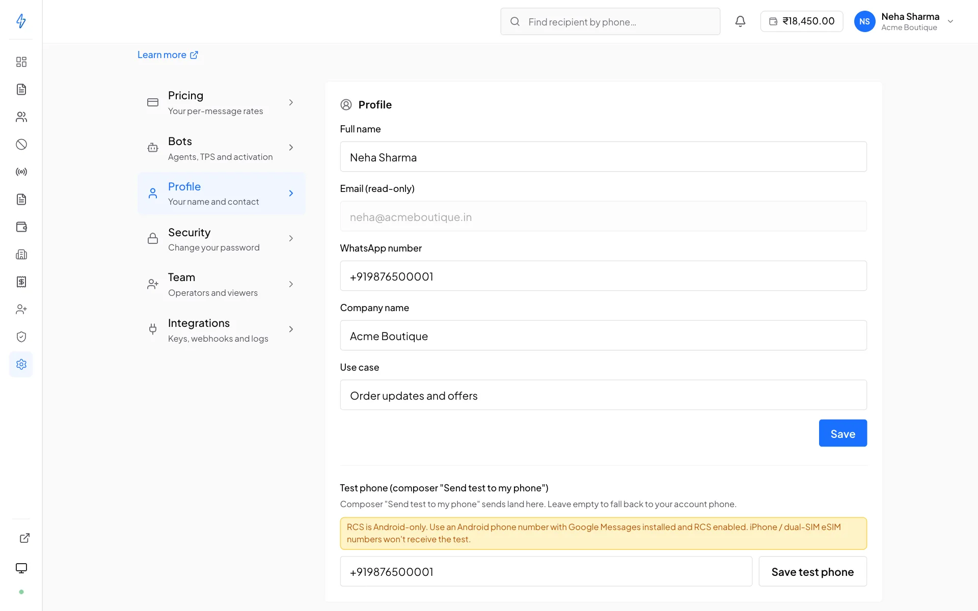 Settings, Profile, with the name Neha Sharma, the sign-in email, a WhatsApp number, the company name, the use case and the test phone number