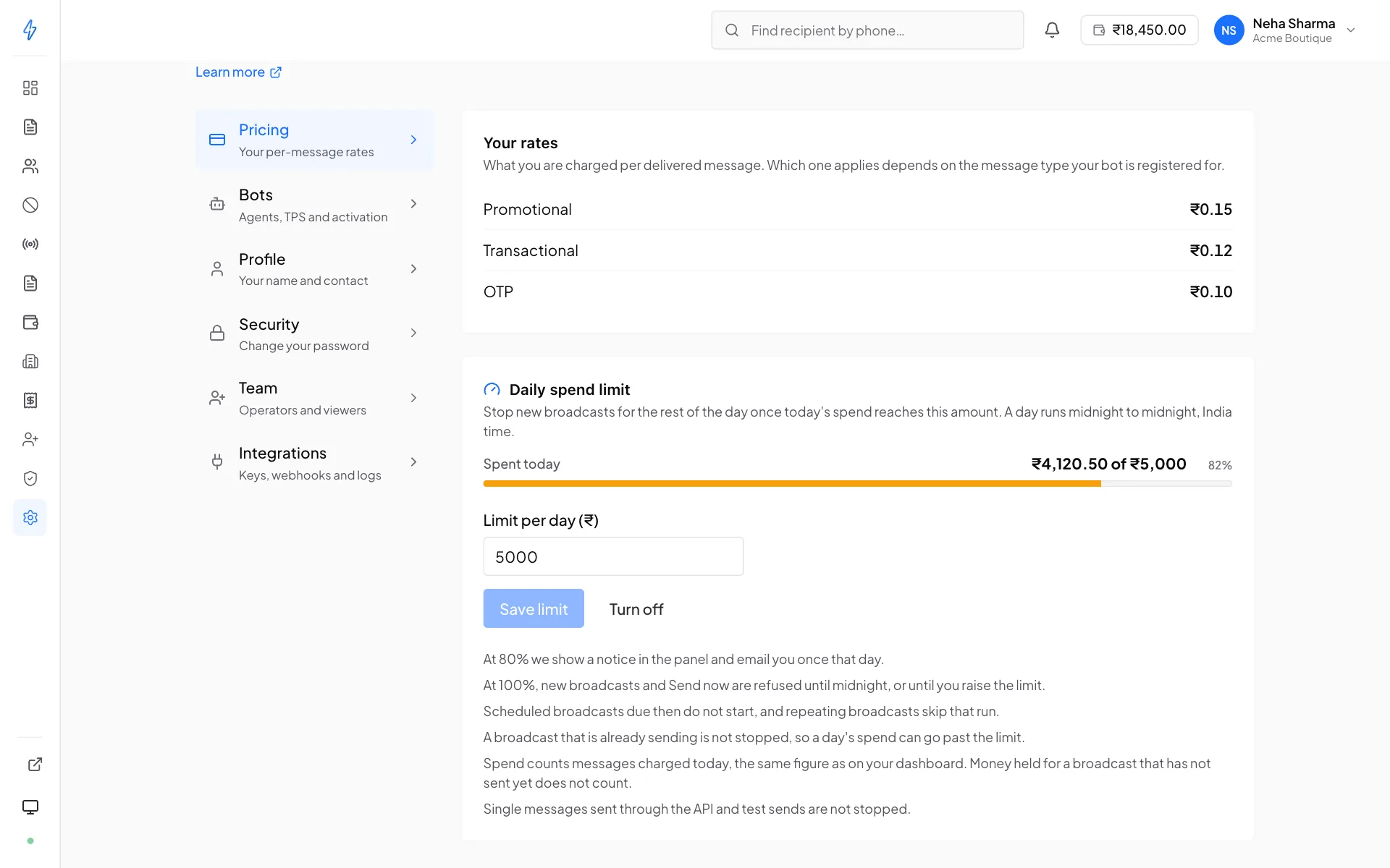 Settings, Pricing, with Your rates and the Daily spend limit card: Spent today ₹4,120.50 of ₹5,000 with an amber bar at 82%, the Limit per day (₹) box holding 5000, the Save limit and Turn off buttons, and the rules listed under them