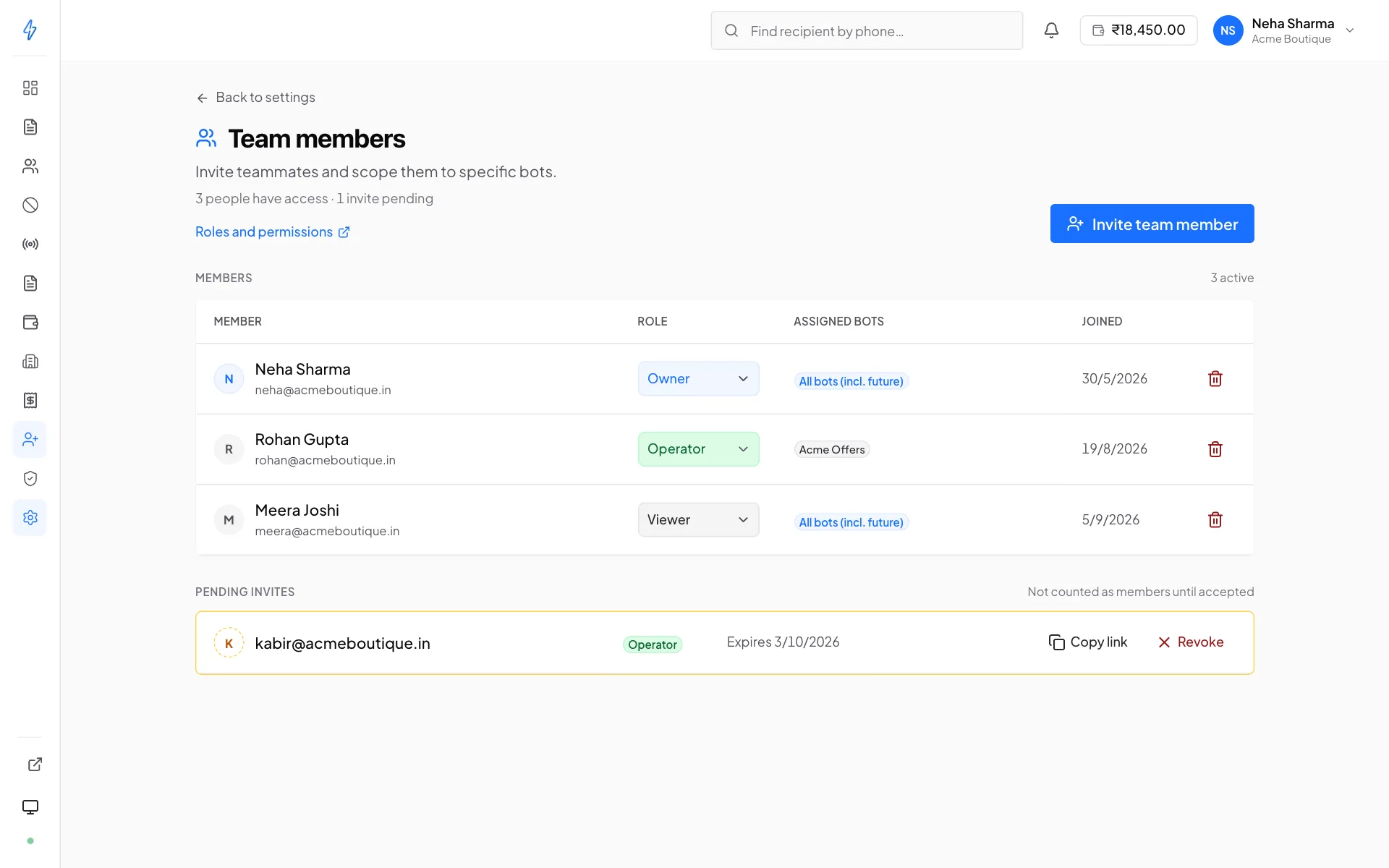The Team members page with the owner Neha Sharma on all bots, the operator Rohan Gupta limited to Acme Offers, the viewer Meera Joshi on all bots, and a pending invite for kabir@acmeboutique.in as operator with its expiry date