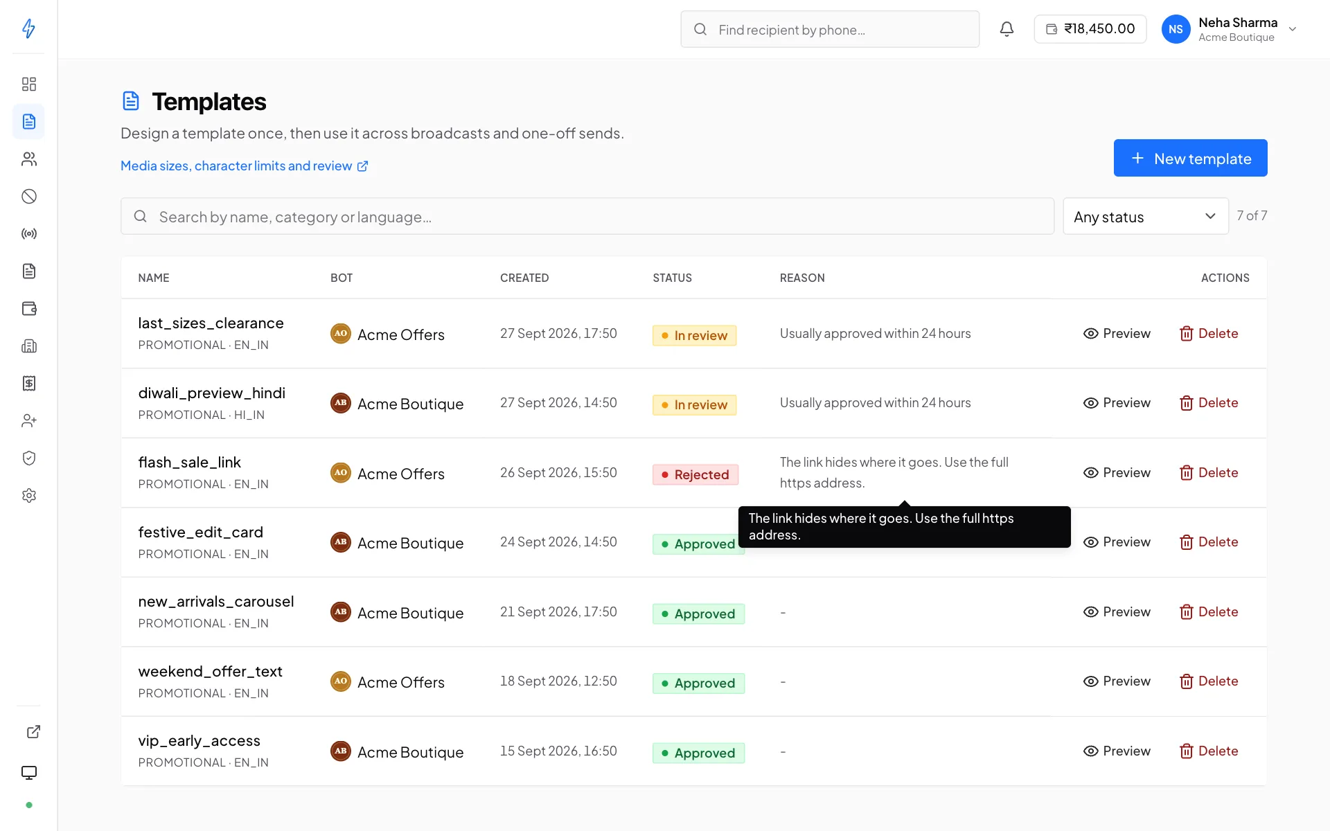 The Templates page listing seven templates with their bot, category and status (Approved, In review or Rejected), and a search box and status filter above the list
