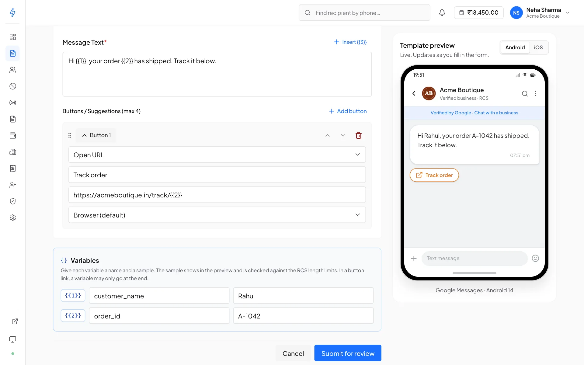 The template composer with a message using two variables, the Variables box naming them customer_name and order_id with the samples Rahul and A-1042, and the preview showing the filled-in text