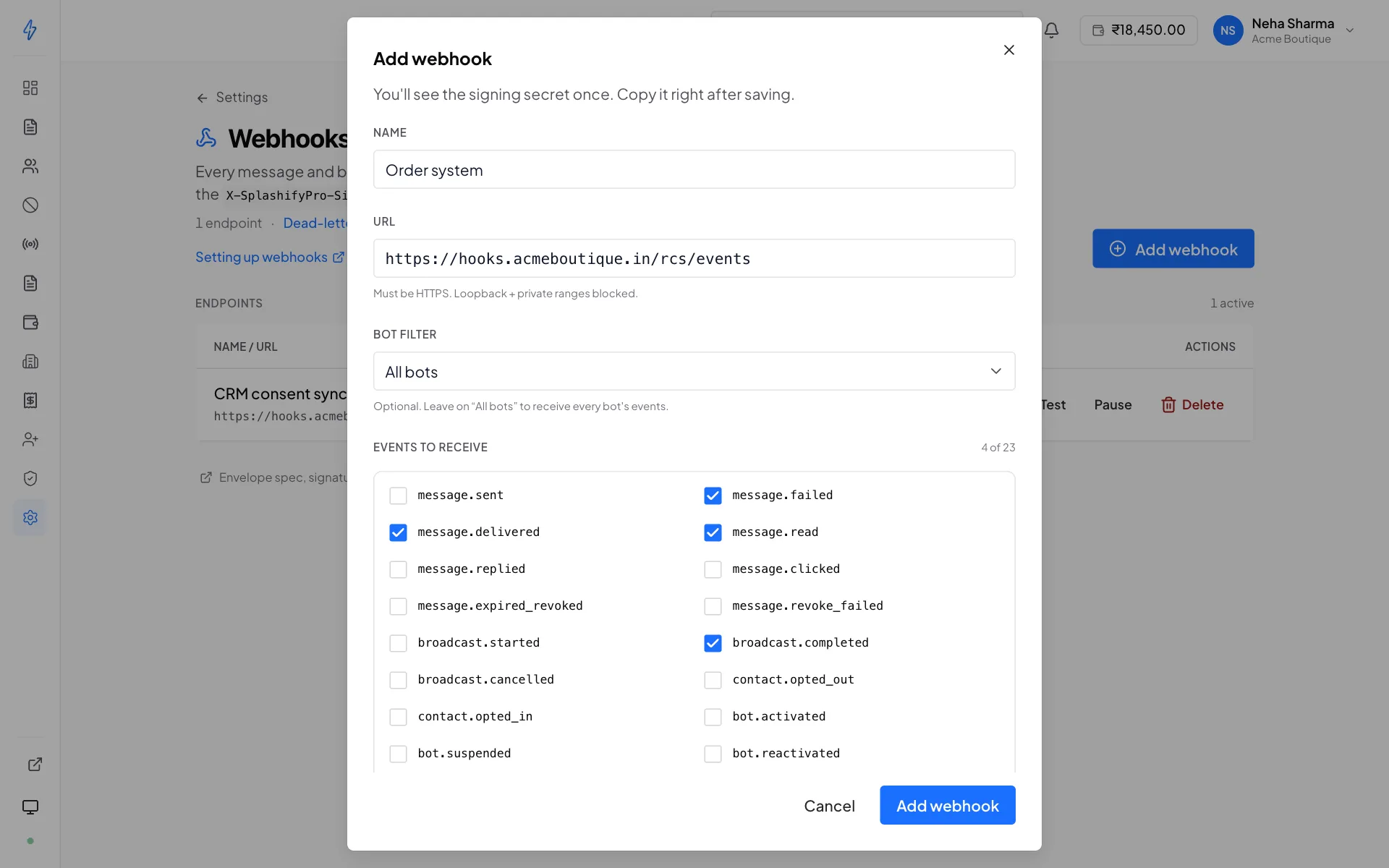 The Add webhook dialog over Settings, Webhooks, with the name Order system, the URL https://hooks.acmeboutique.in/rcs/events, the bot filter on All bots, and four of 23 events ticked: message.delivered, message.read, message.failed and broadcast.completed
