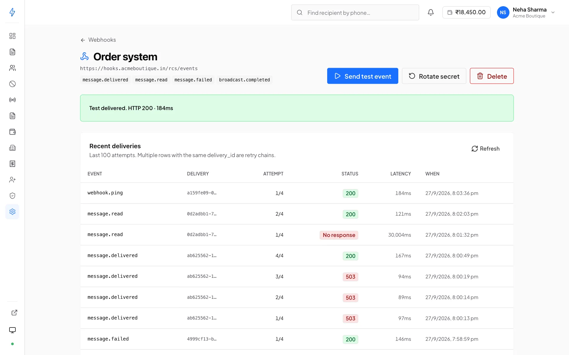 The Order system webhook page after Send test event, with the green line Test delivered. HTTP 200 · 184ms, and Recent deliveries below whose first row is the webhook.ping attempt with status 200